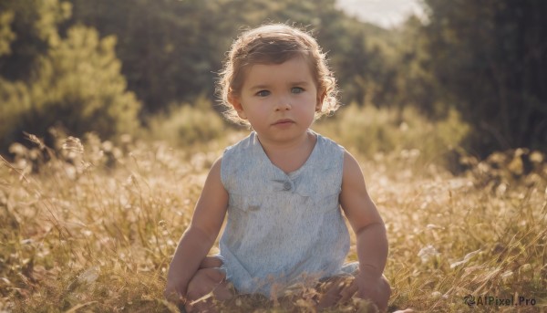 1girl,solo,looking at viewer,short hair,brown hair,dress,brown eyes,sitting,outdoors,sleeveless,day,blurry,lips,sleeveless dress,depth of field,blurry background,grass,child,nature,realistic,female child,field,blue eyes,blonde hair,parted lips,aged down