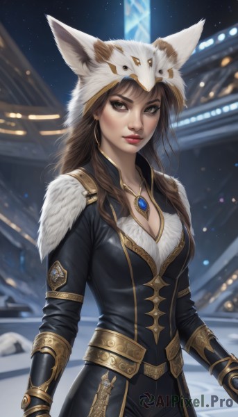 1girl,solo,long hair,breasts,looking at viewer,brown hair,gloves,long sleeves,hat,animal ears,cleavage,brown eyes,jewelry,medium breasts,closed mouth,standing,weapon,cowboy shot,earrings,outdoors,sky,belt,pants,sword,artist name,signature,necklace,armor,blurry,lips,fur trim,makeup,night,blurry background,black pants,knife,lipstick,gauntlets,gem,pendant,gold trim,realistic,nose,vambraces,red lips,parted lips,hood,watermark,star (sky),night sky,web address,eyeshadow,freckles,dagger,architecture,pelt