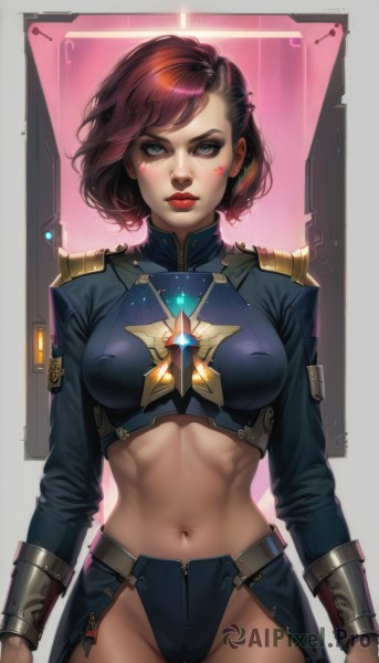 1girl,solo,breasts,looking at viewer,short hair,blue eyes,large breasts,brown hair,long sleeves,navel,medium breasts,underwear,standing,panties,red hair,multicolored hair,cowboy shot,midriff,stomach,star (symbol),armor,covered nipples,lips,crop top,black panties,makeup,cameltoe,facial mark,abs,lipstick,toned,realistic,nose,arms at sides,red lips,eyeliner,facepaint,gorget,bangs,black hair,closed mouth,artist name,freckles,blue panties