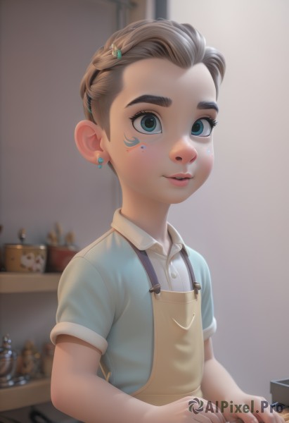 1girl,solo,short hair,blue eyes,brown hair,shirt,hair ornament,jewelry,upper body,short sleeves,earrings,parted lips,hairclip,collared shirt,artist name,indoors,blurry,apron,lips,blurry background,facial mark,blue shirt,child,freckles,female child,overalls,looking at viewer,teeth,makeup,thick eyebrows,aged down,realistic,nose