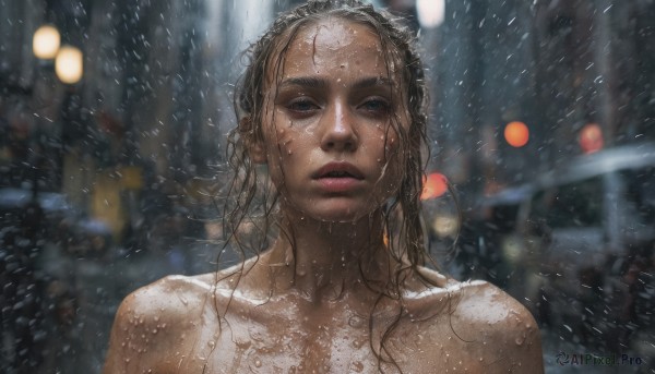 1girl,solo,long hair,looking at viewer,blue eyes,brown hair,black hair,collarbone,upper body,nude,outdoors,parted lips,blurry,lips,wet,depth of field,blurry background,messy hair,portrait,rain,realistic,wet hair,bare shoulders,night,ground vehicle,motor vehicle,snow,forehead,freckles,snowing,car