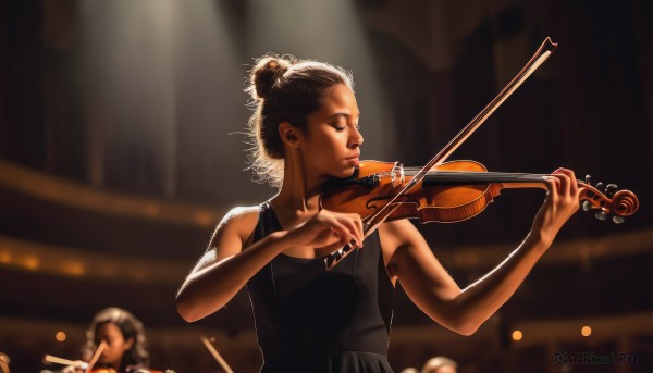 1girl,solo,short hair,brown hair,black hair,dress,closed eyes,hair bun,blurry,black dress,lips,depth of field,blurry background,single hair bun,tank top,instrument,realistic,nose,music,playing instrument,violin,drum,piano,bow (music),drum set,concert,bare shoulders,upper body,solo focus,backlighting