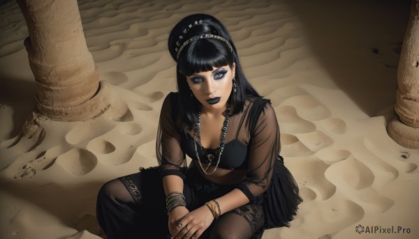 1girl,solo,long hair,breasts,looking at viewer,bangs,blue eyes,skirt,black hair,dress,cleavage,jewelry,medium breasts,sitting,ponytail,pantyhose,earrings,blunt bangs,necklace,black eyes,black dress,bracelet,lips,see-through,makeup,from above,ring,lipstick,eyeshadow,sand,eyeliner,mascara,egyptian,gothic,desert,black lips,nail polish,mole,tiara,bangle