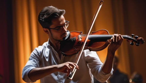 solo,short hair,shirt,black hair,1boy,holding,closed eyes,white shirt,upper body,male focus,multiple boys,glasses,solo focus,collared shirt,indoors,blurry,dress shirt,blurry background,facial hair,curtains,instrument,beard,sleeves rolled up,black-framed eyewear,realistic,mustache,music,playing instrument,holding instrument,violin,bow (music),closed mouth,red nails