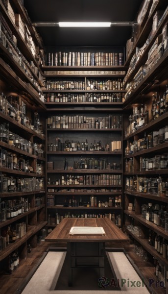 indoors,cup,no humans,bottle,scenery,alcohol,drinking glass,wooden floor,stool,shelf,wine bottle,ceiling,bar (place),counter,ceiling light,book,stairs,bookshelf,light,shop,chandelier