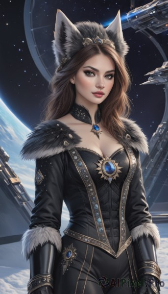 1girl,solo,long hair,breasts,looking at viewer,brown hair,gloves,long sleeves,animal ears,cleavage,brown eyes,jewelry,medium breasts,cowboy shot,parted lips,black gloves,pants,artist name,signature,lips,fur trim,makeup,black pants,lipstick,brooch,gauntlets,gem,star (sky),eyeshadow,realistic,nose,arms at sides,red lips,space,leather,planet,earth (planet),spacecraft,choker,wolf ears,tiara,science fiction,aircraft