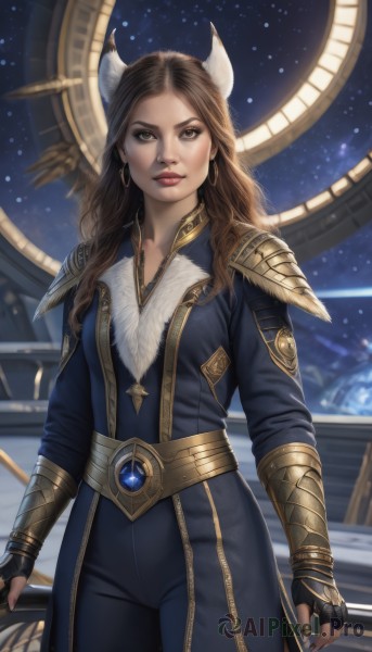 1girl,solo,long hair,looking at viewer,brown hair,gloves,brown eyes,jewelry,standing,cowboy shot,earrings,horns,sky,black gloves,belt,pants,artist name,fingerless gloves,nail polish,armor,lips,bodysuit,makeup,lipstick,staff,shoulder armor,gauntlets,star (sky),starry sky,pauldrons,hoop earrings,realistic,nose,vambraces,red lips,space,breasts,black nails,forehead