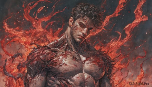 solo,looking at viewer,short hair,black hair,red eyes,1boy,closed mouth,nipples,upper body,male focus,blood,muscular,scar,abs,fire,pectorals,muscular male,scar on face,large pectorals,veins,injury,blood on face,manly,blood on hands,embers,burning,nude,smoke