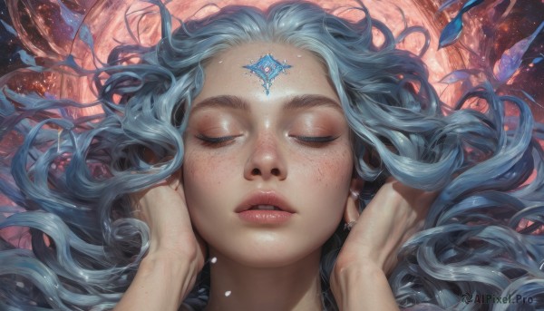 1girl,solo,long hair,open mouth,blue hair,closed eyes,parted lips,teeth,solo focus,artist name,lips,eyelashes,floating hair,watermark,wavy hair,gem,portrait,facing viewer,web address,freckles,crystal,realistic,nose,planet,hands on another's face,jewelry,earrings,facial mark,close-up,forehead mark