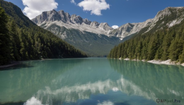 outdoors,sky,day,cloud,water,tree,blue sky,no humans,cloudy sky,grass,nature,scenery,forest,reflection,mountain,river,landscape,mountainous horizon,lake,ocean,island