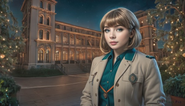 1girl,solo,looking at viewer,smile,short hair,bangs,blue eyes,brown hair,shirt,jewelry,jacket,upper body,earrings,outdoors,open clothes,sky,collared shirt,tree,lips,coat,window,night,buttons,blue shirt,plant,building,star (sky),night sky,starry sky,realistic,nose,house,parted lips,makeup,labcoat,christmas tree,lights