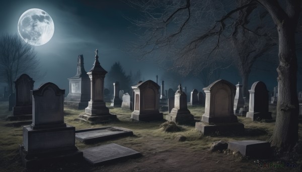 outdoors,sky,cloud,tree,no humans,night,moon,grass,cross,nature,night sky,scenery,full moon,forest,ruins,bare tree,castle,moonlight,tombstone,church,graveyard,grave,dark