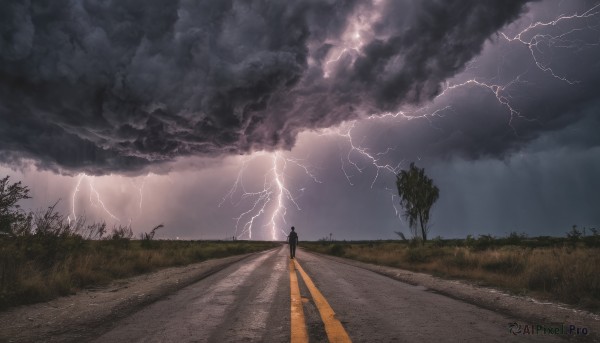 solo, 1boy, outdoors, sky, cloud, tree, cloudy sky, grass, scenery, electricity, road, lightning