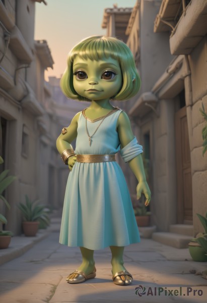 1girl,solo,looking at viewer,short hair,blonde hair,dress,brown eyes,jewelry,closed mouth,standing,full body,outdoors,green hair,sleeveless,pointy ears,belt,artist name,necklace,white dress,blurry,flat chest,bracelet,hand on hip,colored skin,sandals,ring,plant,building,child,pendant,female child,potted plant,green skin,fewer digits,goblin,day,blue dress,flip-flops