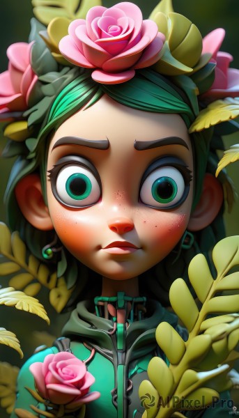 1girl,solo,looking at viewer,hair ornament,jewelry,green eyes,upper body,flower,earrings,parted lips,green hair,artist name,signature,hair flower,lips,eyelashes,makeup,rose,leaf,plant,portrait,pink flower,freckles,wide-eyed,pink rose,green theme,aqua eyes,watermark,web address