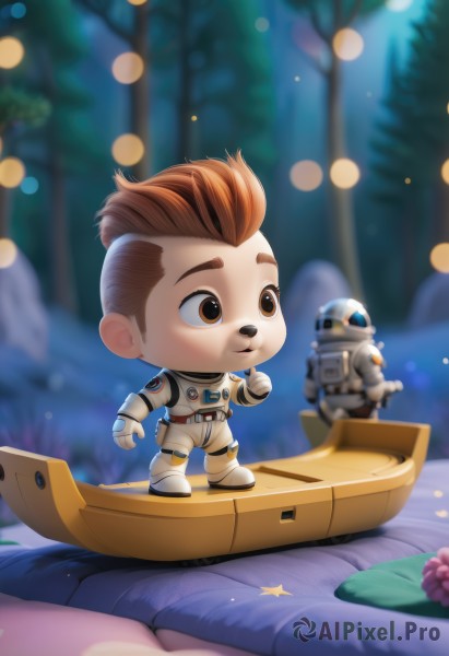 smile,short hair,brown hair,gloves,1boy,brown eyes,standing,flower,male focus,outdoors,solo focus,belt,white gloves,chibi,armor,blurry,tree,depth of field,blurry background,thick eyebrows,helmet,nature,1other,forest,watercraft,spacesuit,mohawk,astronaut,open mouth,multiple boys,2boys,star (sky),space,boat