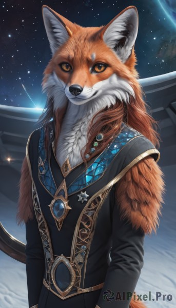 solo,long hair,looking at viewer,smile,long sleeves,1boy,animal ears,jewelry,tail,yellow eyes,upper body,male focus,outdoors,sky,necklace,star (symbol),orange eyes,no humans,night,fox tail,animal,brooch,gem,star (sky),night sky,furry,starry sky,colored sclera,space,furry male,body fur,planet,earth (planet),orange fur,1girl,orange hair,realistic