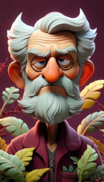 solo,looking at viewer,blue eyes,shirt,1boy,jacket,upper body,flower,white hair,grey hair,male focus,glasses,gradient,gradient background,facial hair,leaf,plant,portrait,beard,red jacket,zipper,purple background,round eyewear,mustache,old,old man,artist name,blurry