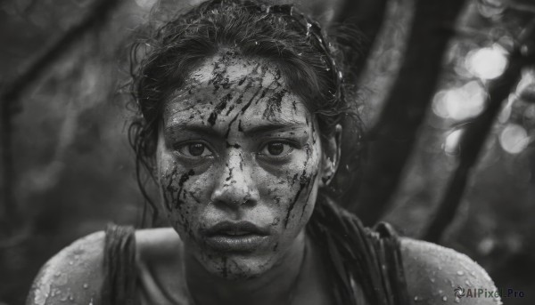 1girl,solo,looking at viewer,short hair,bangs,bare shoulders,closed mouth,monochrome,greyscale,blurry,blood,depth of field,blurry background,tank top,messy hair,portrait,injury,blood on face,realistic,dirty,dirty face,1boy,male focus,facial hair