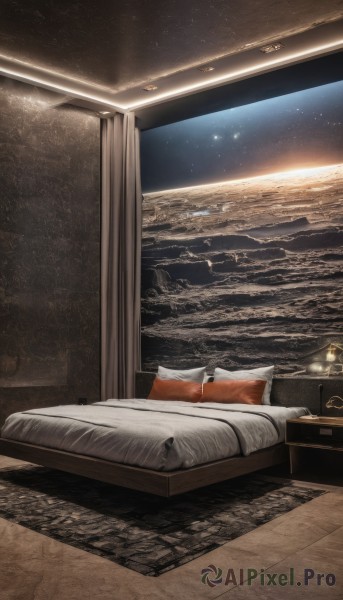 1boy,sky,indoors,pillow,no humans,window,bed,night,ocean,on bed,curtains,star (sky),scenery,starry sky,realistic,blanket,horizon,light,lamp,cityscape,space,bedroom,planet,landscape,carpet,book,night sky,rug