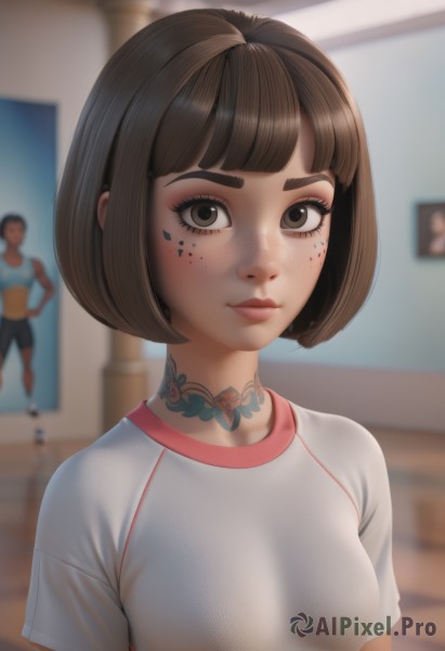 1girl,solo,breasts,looking at viewer,short hair,bangs,brown hair,shirt,brown eyes,medium breasts,closed mouth,white shirt,upper body,short sleeves,small breasts,choker,artist name,indoors,blunt bangs,blurry,black eyes,lips,see-through,tattoo,makeup,depth of field,blurry background,bob cut,thick eyebrows,t-shirt,freckles,sports bra,nose,arm tattoo,mascara,neck tattoo,eyelashes,facial mark,gym uniform,eyeliner,facepaint,facial tattoo