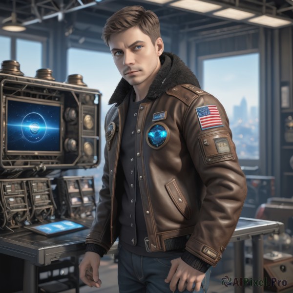 solo,looking at viewer,short hair,blue eyes,brown hair,shirt,long sleeves,1boy,closed mouth,standing,jacket,male focus,open clothes,pants,indoors,blurry,open jacket,black shirt,window,facial hair,denim,science fiction,brown jacket,jeans,realistic,leather,leather jacket,american flag,patch,blonde hair,outdoors,sky,day,artist name,fur trim,night,blurry background,black pants,star (sky),beard,fur collar,sideburns,fur-trimmed jacket,space,bomber jacket