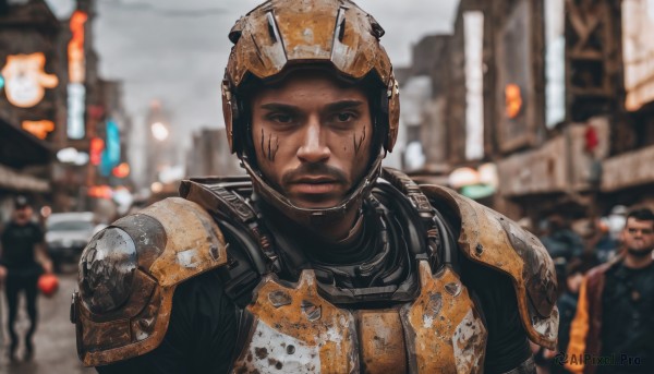 looking at viewer,brown hair,1boy,upper body,male focus,outdoors,multiple boys,solo focus,2boys,armor,blurry,black eyes,blurry background,facial hair,helmet,building,science fiction,city,realistic,dirty,power armor,1girl,short hair,black hair,brown eyes,dark skin,lips,ground vehicle,shoulder armor,motor vehicle,car