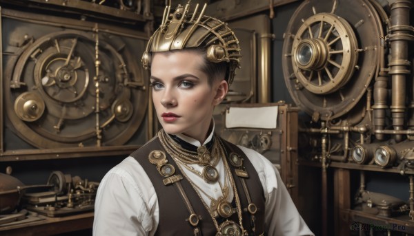 solo,looking at viewer,short hair,blue eyes,shirt,black hair,1boy,jewelry,white shirt,upper body,male focus,parted lips,indoors,necklace,mole,black eyes,vest,lips,grey eyes,book,mole under eye,makeup,crown,lipstick,realistic,clock,red lips,gears,steampunk,1girl,blonde hair,hat,phone,freckles,nose,very short hair,corded phone