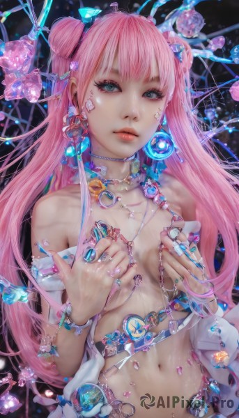 1girl,solo,long hair,breasts,looking at viewer,bangs,blue eyes,navel,twintails,jewelry,medium breasts,upper body,pink hair,heart,earrings,parted lips,choker,necklace,stomach,hair bun,nail polish,bracelet,lips,bell,double bun,topless,ring,gem,covering,crystal,covering breasts,realistic,hair ornament,bare shoulders,multicolored hair,artist name,makeup,facial mark,piercing,pink lips,nail art