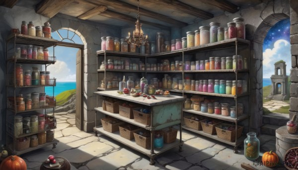 outdoors,food,sky,day,cloud,blue sky,no humans,window,fruit,ocean,bottle,star (sky),scenery,halloween,stairs,fantasy,apple,jack-o'-lantern,basket,pumpkin,bread,shelf,jar,flask,vial,barrel,potion,crate,indoors,water,box,wall,pillar,shop,stone wall