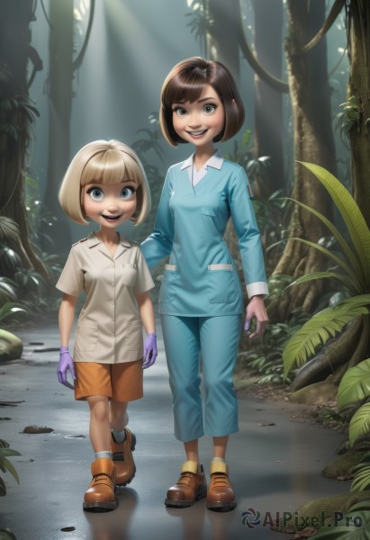 looking at viewer,smile,short hair,open mouth,bangs,blue eyes,multiple girls,blonde hair,brown hair,shirt,gloves,2girls,standing,full body,white shirt,short sleeves,:d,boots,outdoors,shoes,shorts,teeth,day,socks,collared shirt,pants,tree,grey eyes,brown footwear,sunlight,bob cut,blue shirt,plant,child,nature,forest,walking,blue gloves,female child,purple gloves,jumpsuit,black hair,long sleeves,blunt bangs,uniform,black eyes,leaf,lipstick,light rays,wide-eyed,ankle boots,sunbeam,brown shorts,horror (theme),orange shorts