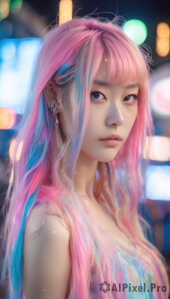 1girl,solo,long hair,looking at viewer,bangs,blue eyes,bare shoulders,jewelry,closed mouth,blue hair,upper body,pink hair,multicolored hair,earrings,artist name,blunt bangs,blurry,black eyes,lips,looking to the side,depth of field,blurry background,watermark,web address,realistic,nose,breasts,nude,from side,wet,bokeh