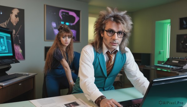 1girl,long hair,looking at viewer,bangs,brown hair,shirt,1boy,2girls,sitting,white shirt,short sleeves,grey hair,multicolored hair,necktie,glasses,striped,collared shirt,pants,indoors,vest,facial hair,chair,desk,black-framed eyewear,watch,realistic,round eyewear,wristwatch,overalls,computer,blue vest,striped necktie,monitor,laptop,poster (object),keyboard (computer),brown necktie,solo,blonde hair,long sleeves,multiple boys,2boys,lips,mohawk