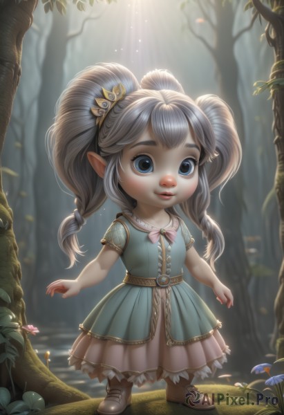 1girl,solo,long hair,smile,blue eyes,hair ornament,dress,bow,twintails,standing,full body,braid,short sleeves,grey hair,boots,outdoors,parted lips,pointy ears,belt,blurry,tree,lips,blue dress,sunlight,pink bow,child,nature,forest,light rays,female child,mushroom,lalafell,looking at viewer,flower,artist name,chibi,watermark,realistic,fairy,log