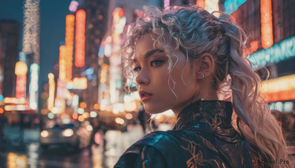 1girl,solo,long hair,blue eyes,jewelry,blue hair,jacket,upper body,ponytail,earrings,outdoors,parted lips,looking back,from behind,blurry,lips,night,blurry background,portrait,city,realistic,nose,stud earrings,city lights,looking at viewer,white hair,grey hair,depth of field,wavy hair,thick eyebrows