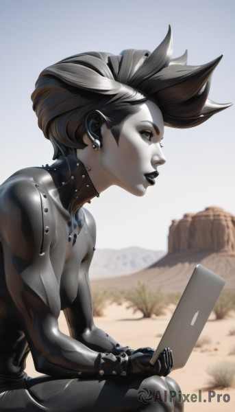 1girl,solo,breasts,short hair,brown hair,gloves,holding,jewelry,sitting,earrings,small breasts,outdoors,day,from side,lips,bodysuit,profile,makeup,colored skin,piercing,lipstick,spiked hair,ear piercing,nose,undercut,grey skin,cyborg,tablet pc,black lips,medium breasts,sky,blurry,bracelet,blurry background,spikes,stud earrings,facepaint,mohawk,cyberpunk,desert,hagoita