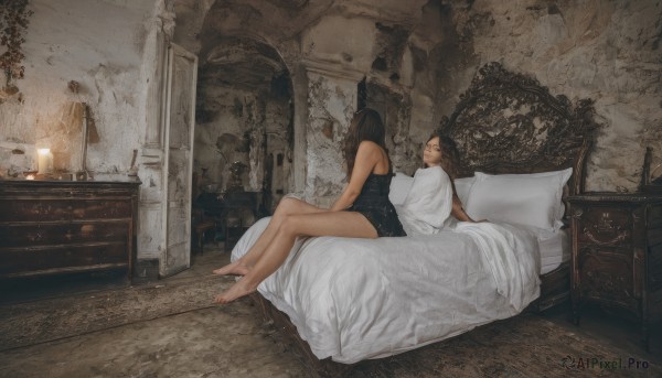 1girl,solo,long hair,brown hair,black hair,bare shoulders,sitting,closed eyes,lying,barefoot,indoors,legs,pillow,bare legs,bed,bed sheet,on bed,chair,table,sleeping,scenery,camisole,wooden floor,mirror,realistic,blanket,lamp,bedroom,picture frame,painting (object),drawer,chest of drawers,breasts,short hair,multiple girls,dress,2girls,sleeveless,nail polish,black dress,dark-skinned female,bare arms,sleeveless dress,on side,red nails,toenails,toenail polish,candle,reclining,rug