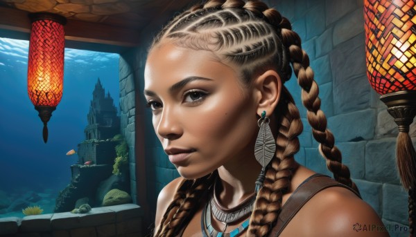 1girl,solo,long hair,looking at viewer,brown hair,bare shoulders,brown eyes,jewelry,braid,earrings,parted lips,dark skin,necklace,mole,twin braids,dark-skinned female,lips,grey eyes,freckles,fish,realistic,nose,multiple braids,mole under eye,portrait,aquarium