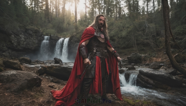 solo,long hair,looking at viewer,brown hair,1boy,holding,standing,full body,weapon,male focus,boots,outdoors,belt,sword,water,cape,holding weapon,armor,tree,facial hair,sheath,nature,scenery,beard,forest,sheathed,rock,realistic,red cape,bracer,river,waterfall,jewelry,knife,fantasy,dagger