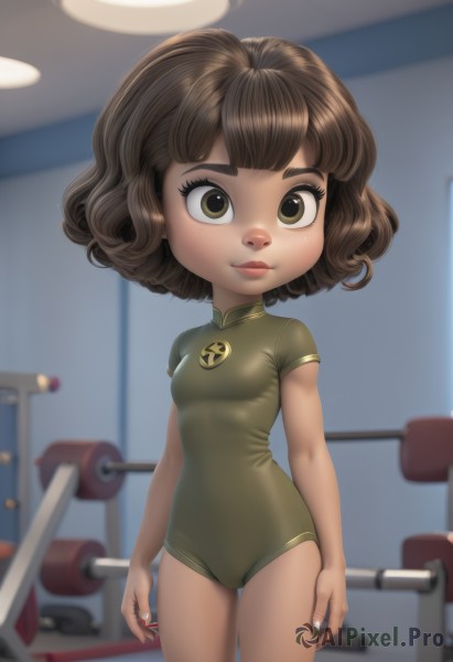 1girl,solo,breasts,looking at viewer,smile,short hair,bangs,brown hair,brown eyes,closed mouth,standing,short sleeves,thighs,cowboy shot,small breasts,indoors,nail polish,blurry,leotard,lips,loli,depth of field,blurry background,thigh gap,child,curly hair,arms at sides,green leotard,eyelashes