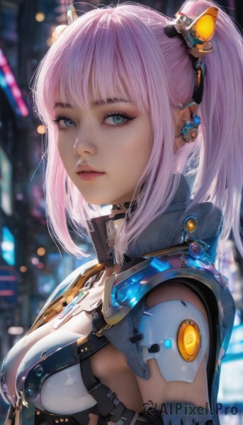 1girl,solo,long hair,breasts,looking at viewer,bangs,blue eyes,hair ornament,twintails,jewelry,medium breasts,closed mouth,upper body,ponytail,pink hair,sidelocks,earrings,choker,medium hair,blurry,from side,lips,eyelashes,makeup,blurry background,headgear,piercing,ear piercing,science fiction,nose,purple hair,small breasts,outdoors,parted lips,artist name,armor,sideboob,depth of field,eyeshadow,cable,cyborg,mascara,cyberpunk