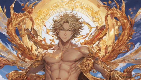 solo,looking at viewer,short hair,blue eyes,blonde hair,1boy,navel,closed mouth,nipples,collarbone,upper body,male focus,wings,sky,cloud,dark skin,blue sky,muscular,abs,dark-skinned male,pectorals,muscular male,gauntlets,toned,topless male,serious,bare pectorals,toned male,yellow eyes,dragon,scales,extra arms