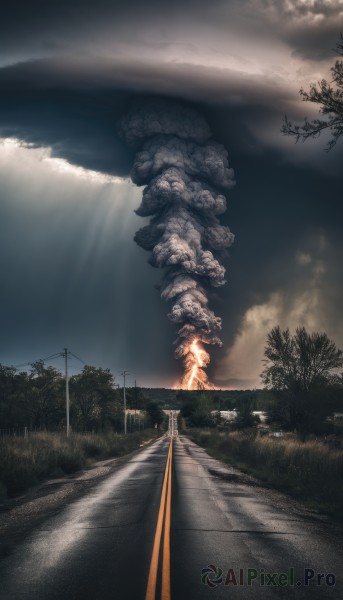 solo,outdoors,sky,cloud,tree,no humans,sunlight,cloudy sky,grass,fire,nature,scenery,forest,light rays,mountain,road,power lines,utility pole,ground vehicle,building,motor vehicle,car,street,statue,crosswalk