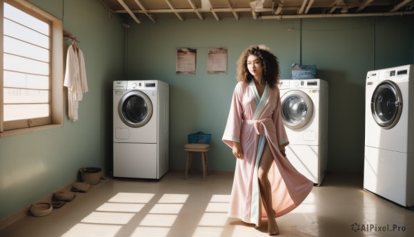 1girl,solo,long hair,black hair,standing,boots,japanese clothes,barefoot,indoors,dark skin,kimono,dark-skinned female,lips,shadow,sunlight,messy hair,curly hair,robe,stool,boots removed,laundry,washing machine,bathrobe,brown hair,1boy,brown eyes,male focus,pantyhose