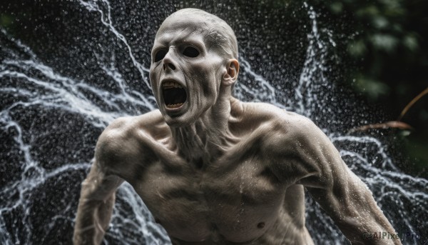 solo,open mouth,1boy,nipples,upper body,male focus,teeth,water,muscular,facial hair,parody,meme,realistic,bald,old,no pupils,old man,alien,horror (theme),what,wrinkled skin,collarbone,white hair,veins,topless male,screaming