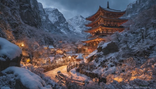 outdoors,sky,cloud,tree,no humans,night,cloudy sky,fire,building,scenery,snow,lantern,snowing,stairs,mountain,city,architecture,house,winter,bridge,east asian architecture,river,landscape,artist name,watermark,rock,mountainous horizon,pagoda