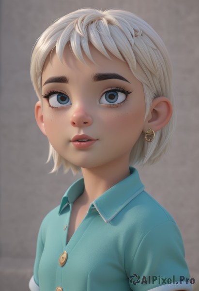 1girl,solo,looking at viewer,short hair,bangs,blue eyes,blonde hair,shirt,jewelry,upper body,white hair,short sleeves,earrings,parted lips,teeth,collared shirt,lips,eyelashes,buttons,blue shirt,child,freckles,nose,green shirt,female child,open mouth,simple background,grey background,makeup,thick eyebrows,lipstick,realistic,aqua shirt