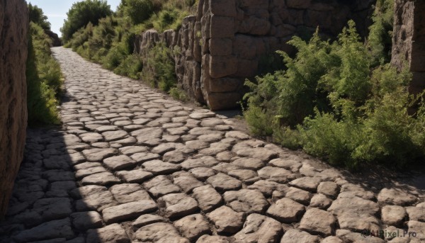 outdoors,day,tree,no humans,grass,plant,nature,scenery,forest,rock,road,bush,wall,ruins,brick wall,path,moss,stone wall,sky,cloud,blue sky,shadow