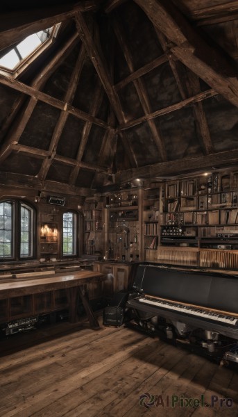 day,artist name,indoors,signature,dated,book,no humans,window,chair,table,sunlight,bottle,instrument,scenery,wooden floor,stairs,bookshelf,lamp,stool,shelf,piano,bar (place),grand piano,fantasy,candle,ceiling,chandelier