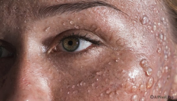 1girl,solo,looking at viewer,brown hair,1boy,brown eyes,green eyes,male focus,water,blurry,lips,wet,eyelashes,close-up,freckles,reflection,water drop,realistic,eye focus,yellow eyes